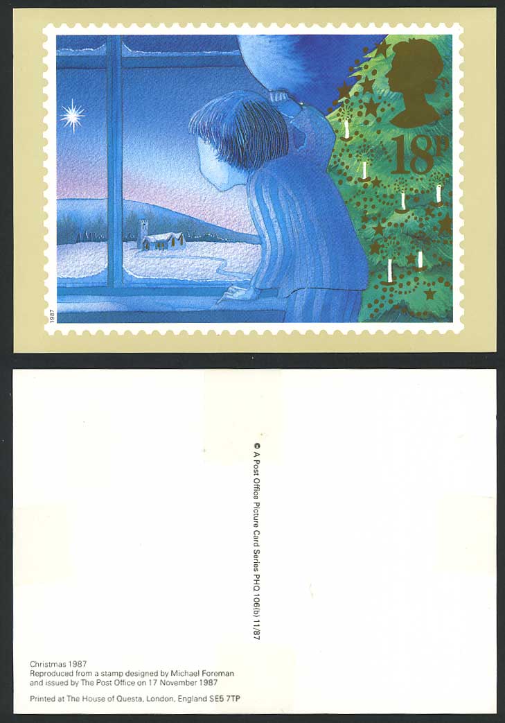 PHQ Card Christmas 1987 18p Designed by Michael Foreman Xmas Tree & Boy Postcard