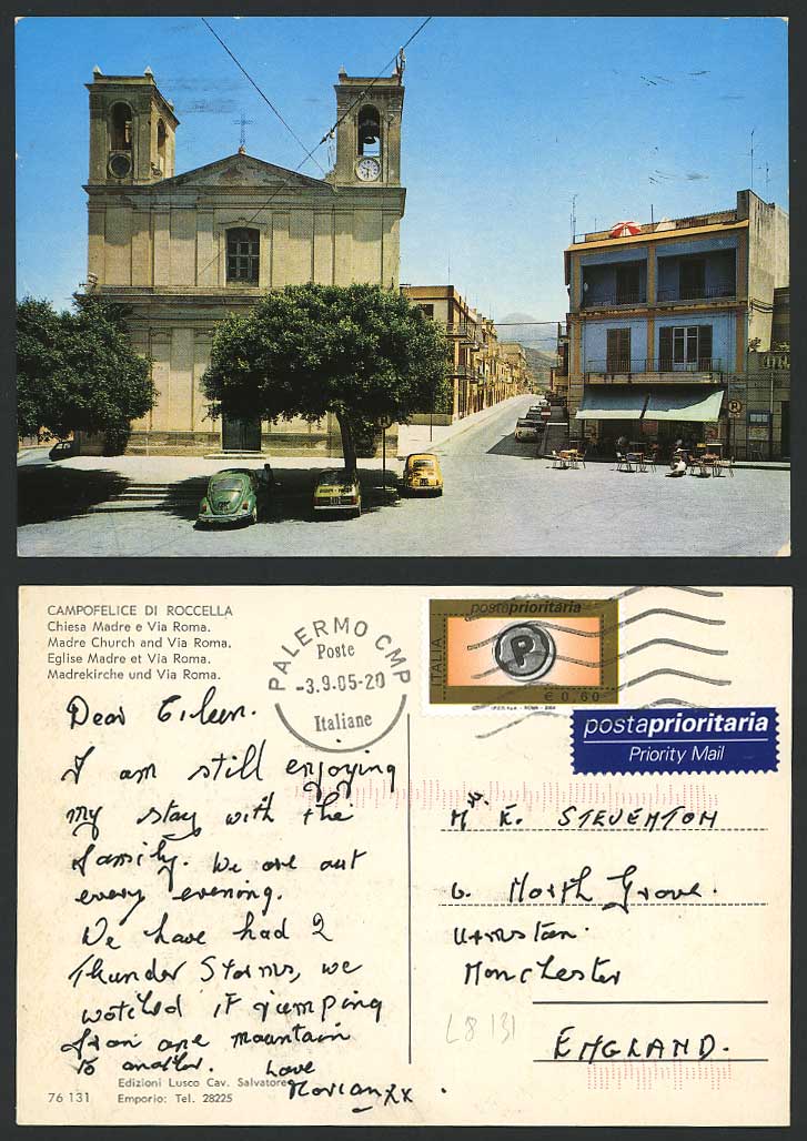 Italy Postcard Campofelice di Roccella Madre Church & Via Roma Street Scene Cars