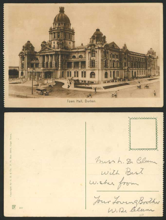 South Africa Old Postcard Town Hall Durban, Vintage Motor Car Ricksha Boy Street