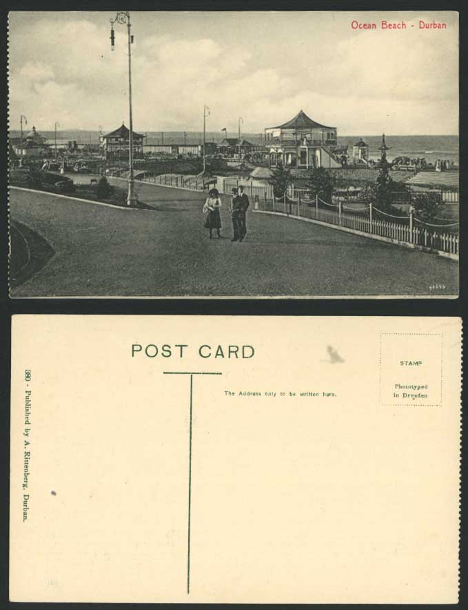 South Africa Old Postcard Ocean Beach, Durban, Bandstand, Promenade Street Scene
