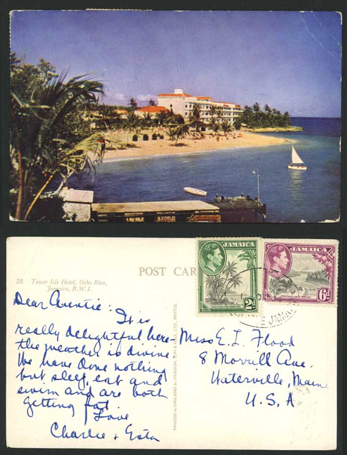 Jamaica KG6 2d 6d 1944 Old Colour Postcard TOWER ISLE HOTEL Ocho Rios Beach Boat