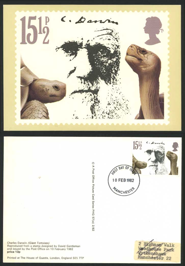 Giant Tortoises Charles Darwin First Day of Issue 15 1/2p 1982 PHQ Card Postcard