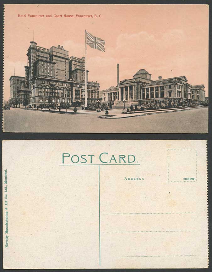 Canada Old Postcard Vancouver Hotel & Court House British Flag Street Scene B.C.