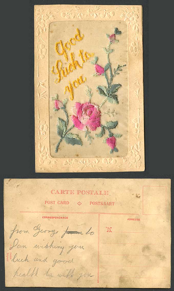 WW1 SILK Embroidered Old Postcard Good Luck to You Greeting Rose Flowers Novelty