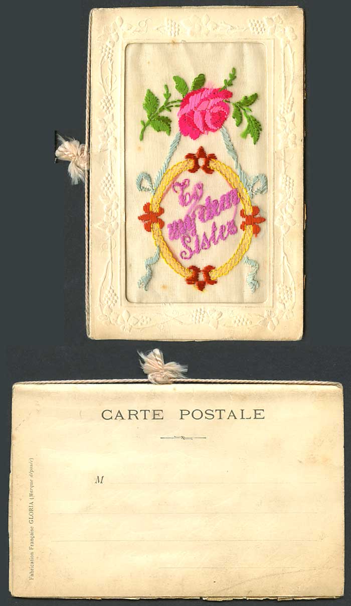 WW1 SILK Embroidered Novelty Old UB Postcard To My Dear Sister Flowers Greetings