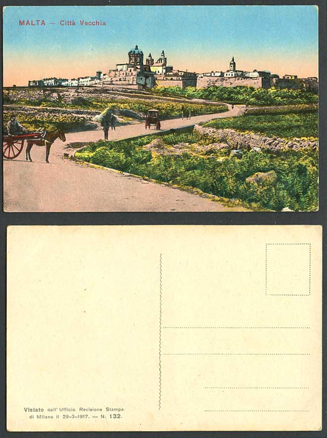 Malta Vintage Colour Postcard Citta Vecchia Old Town Horse Drawn Carts Carriages