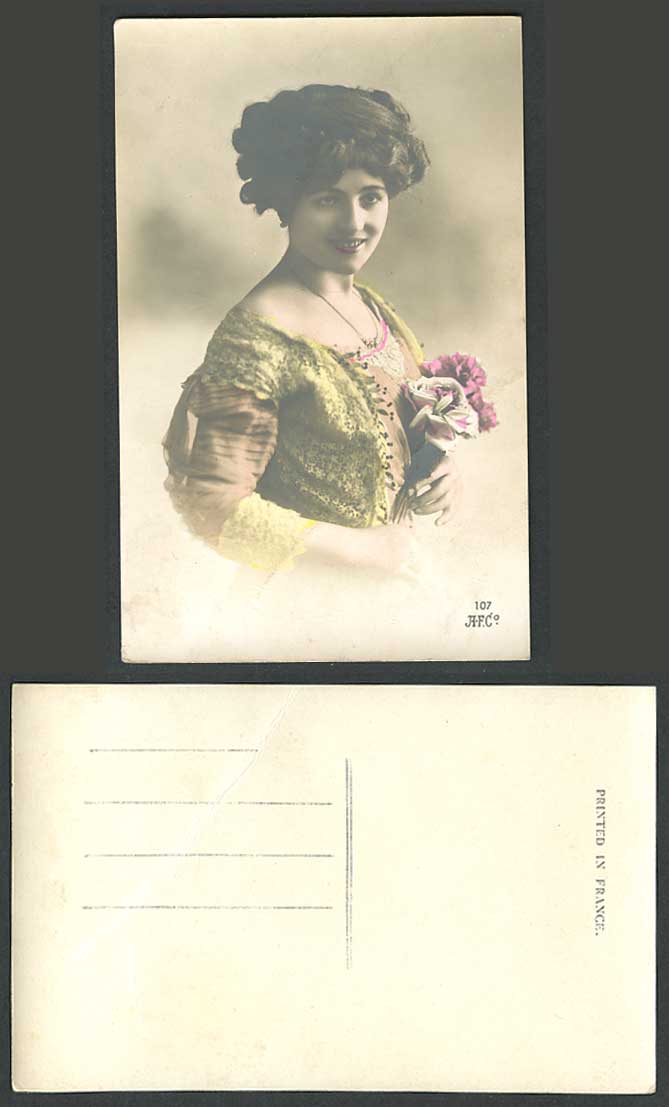 Glamour Lady Glamorous French Woman Flowers Old Handcoloured Real Photo Postcard