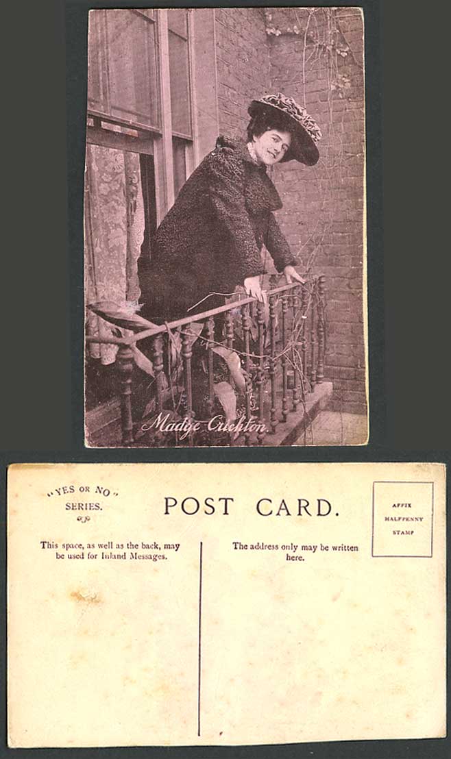 Edwardian Actress Miss Madge Crichton on Balcony Hat Costumes Smile Old Postcard