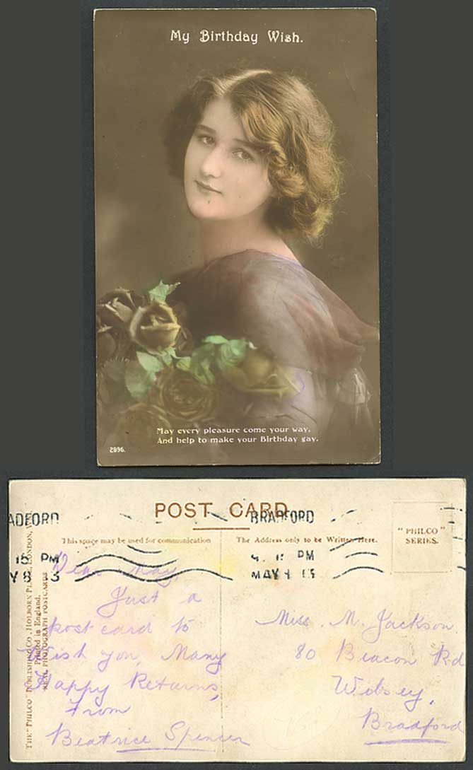 Glamour Lady Glamorous Woman Flowers, My Birthday Wish Old Handcoloured Postcard