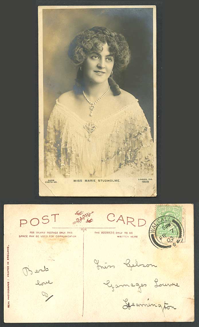 Edwardian Actress Miss MARIE STUDHOLME, Necklace 1905 Old Real Photo Postcard