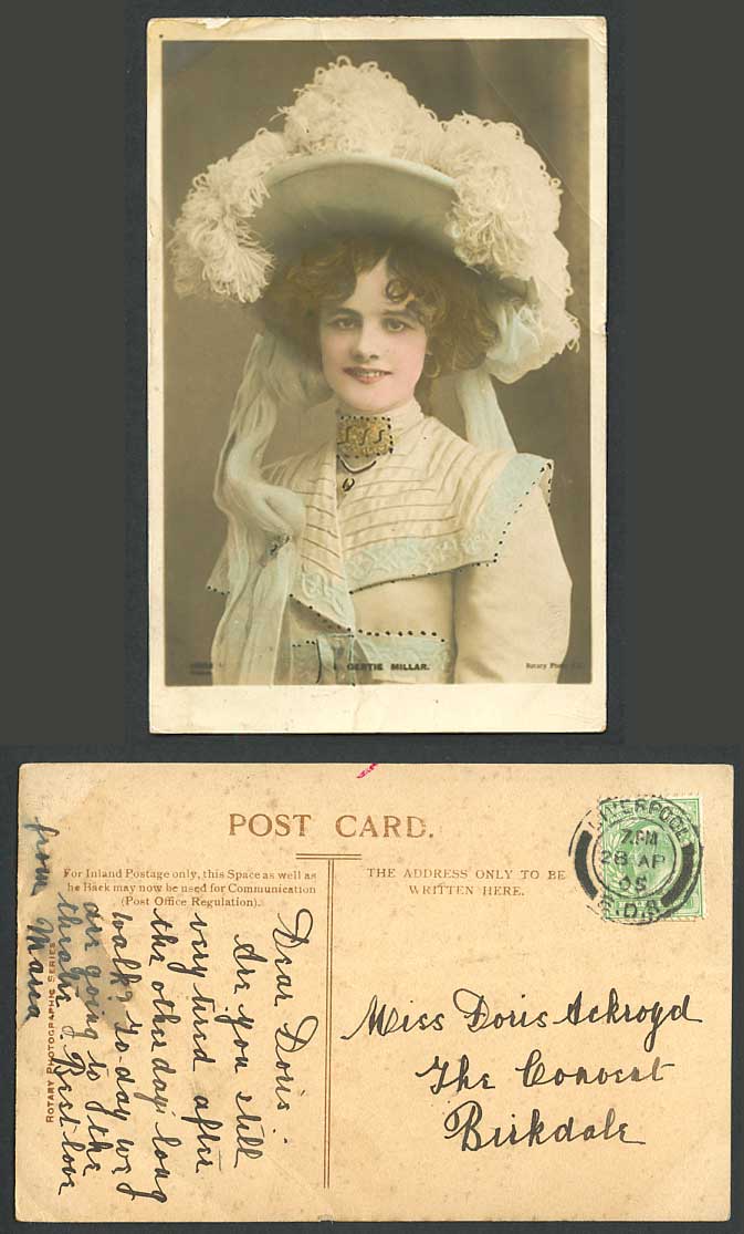 Actress Miss Gertie Millar, Large Hat 1905 Old Handcoloured Real Photo Postcard