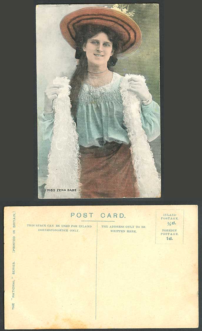 Actresses Miss ZENA DARE, Scarf Hat Necklace Old Colour Postcard National Series