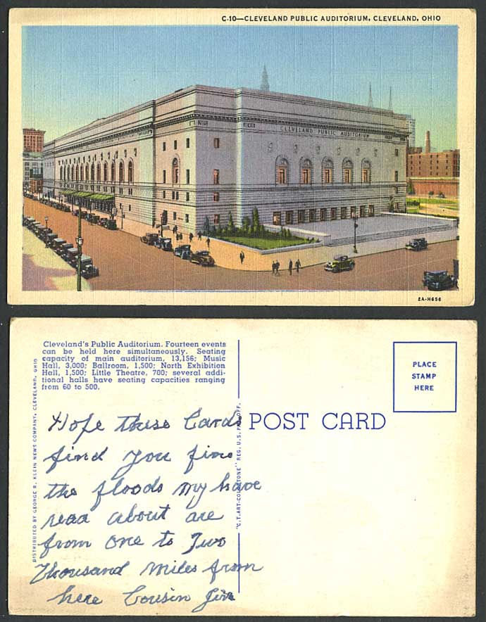 USA Ohio Old Postcard Cleveland Public Auditorium Street Scene Vintage Cars C-10
