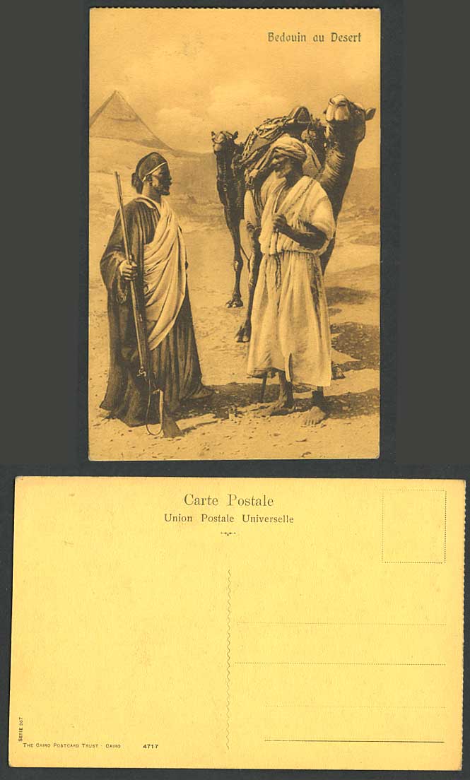 Egypt Old Postcard Pyramid Bedouin au Desert Native Camel Rider Beduin Men & Gun