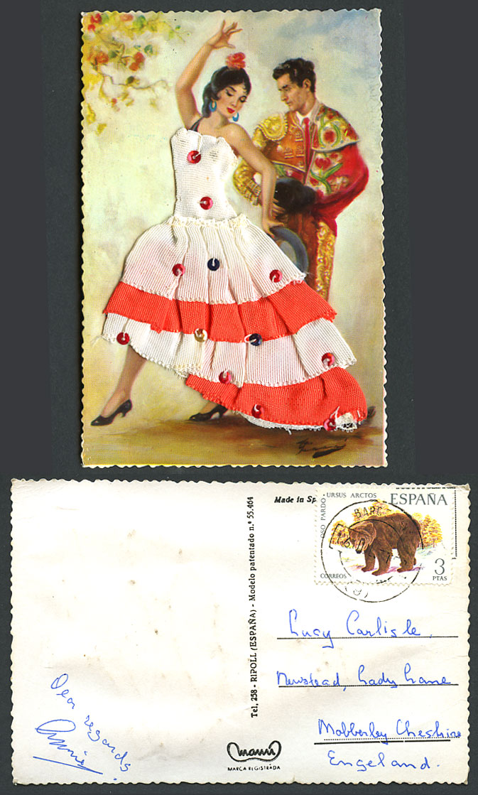 Spain Bear 3p Old Postcard Flamenco Dancers Torero Real Cloth & Sequin Paillette