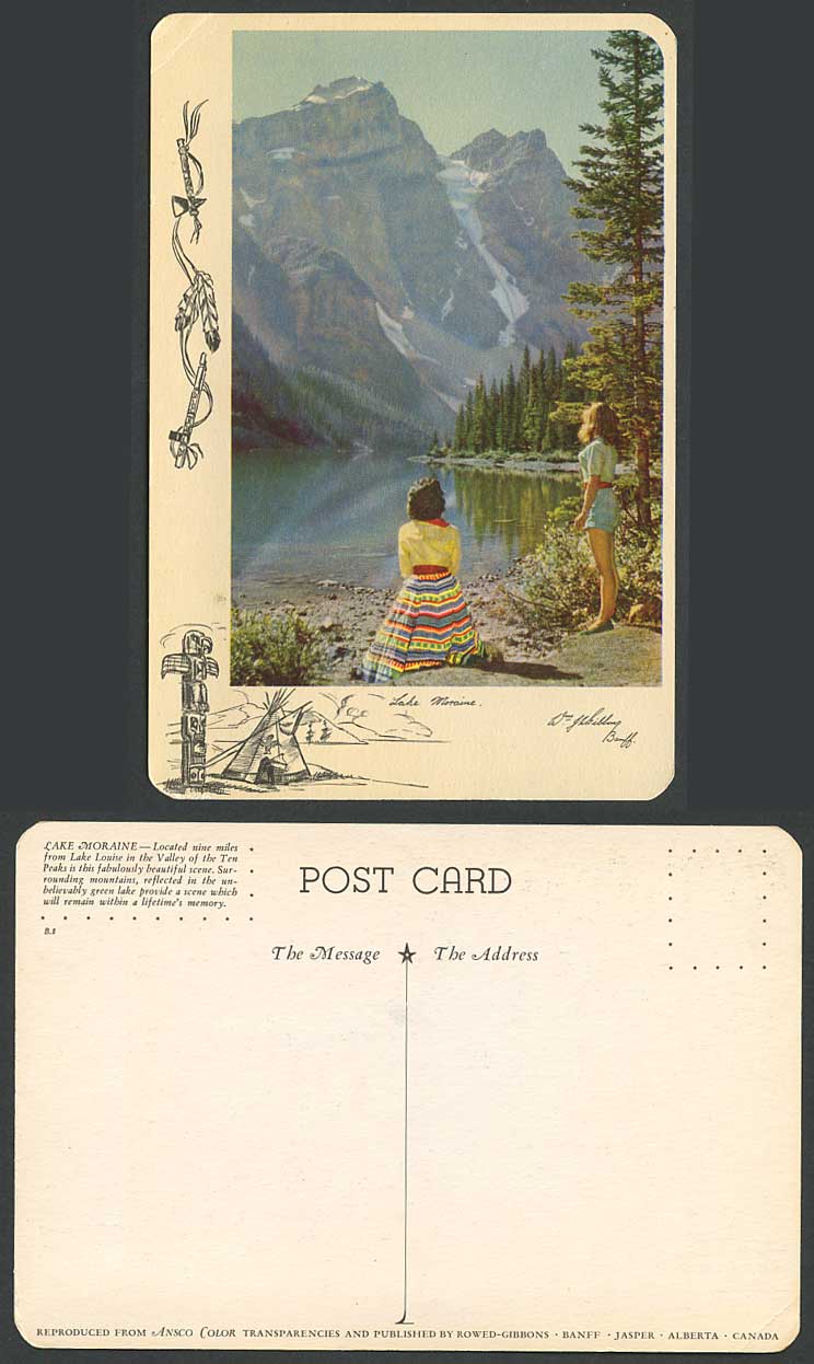 Canada 1953 Old Postcard Lake Moraine Valley of the Ten Peaks Totem Tent & Women