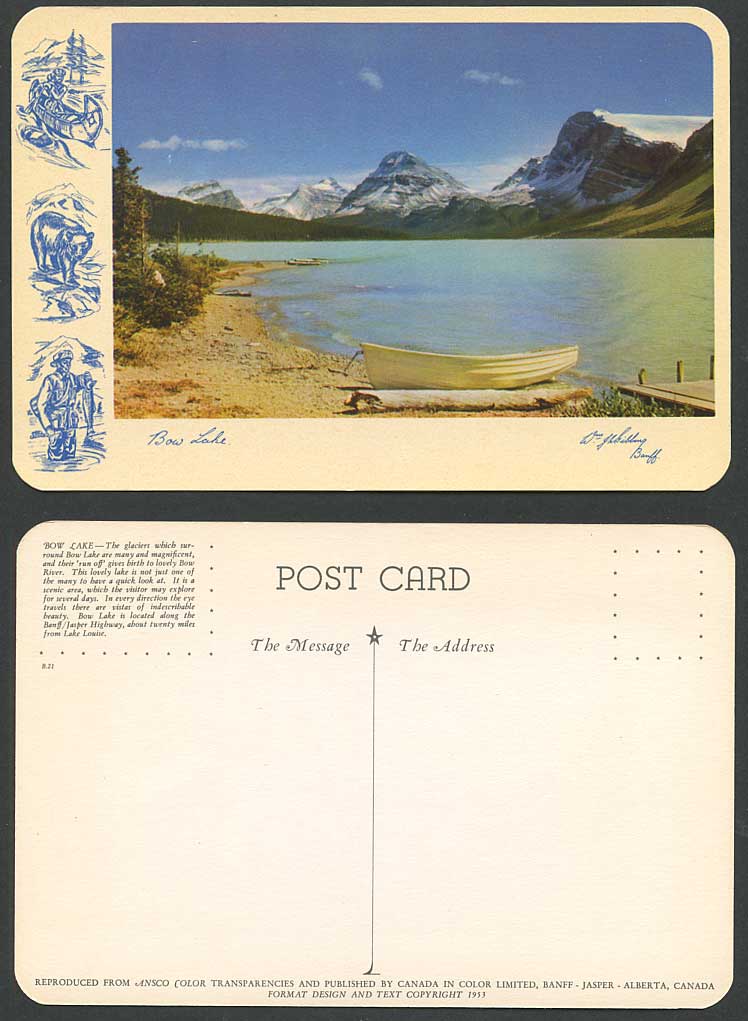 Canada 1953 Old Postcard Bow Lake & Glaciers Canoe Boat Bear Angler Fishing Fish
