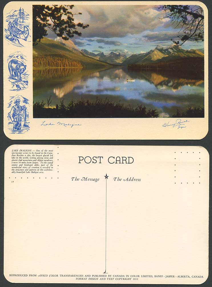 Canada 1953 Old Postcard Lake Maligne Glacial Mountain Jasper Bear Fishing Canoe