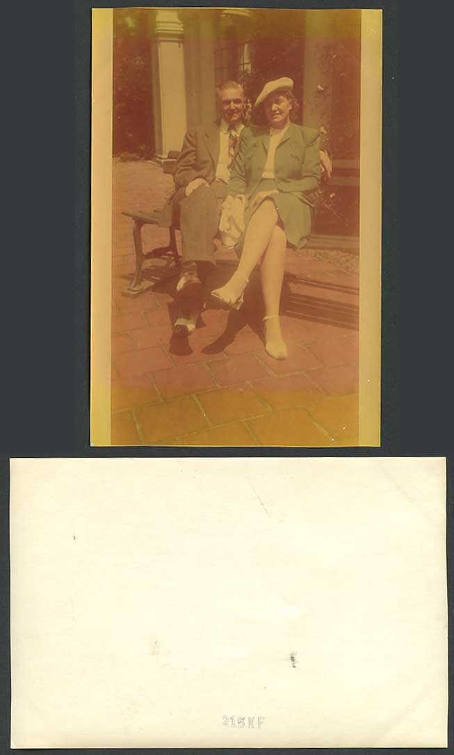 Man & Woman Sitting on Bench, Old Colour Real Photo Photograph Photographic Card
