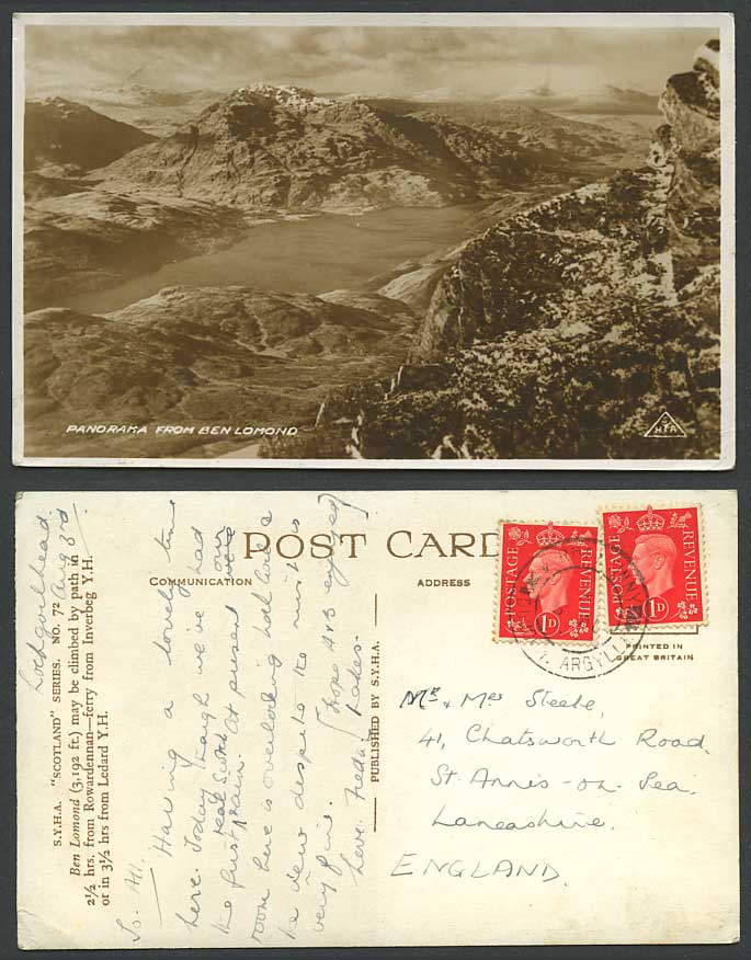 Panorama from Ben Lomond, Lake Mountains Dunbartonshire c.1950 Old R.P. Postcard
