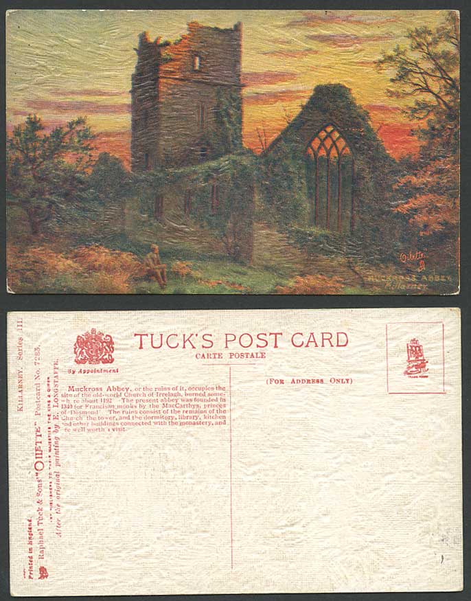 Ireland Co. Kerry MUCKROSS ABBEY Killarney Art Drawn Old Tuck's Oilette Postcard