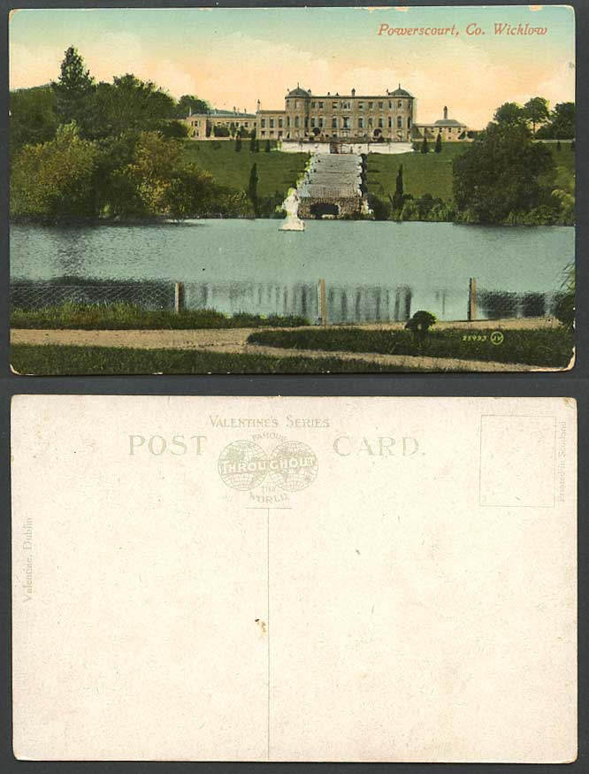 Ireland Co. Wicklow Old Colour Postcard Powerscourt, Steps, Bridge Lake & Statue