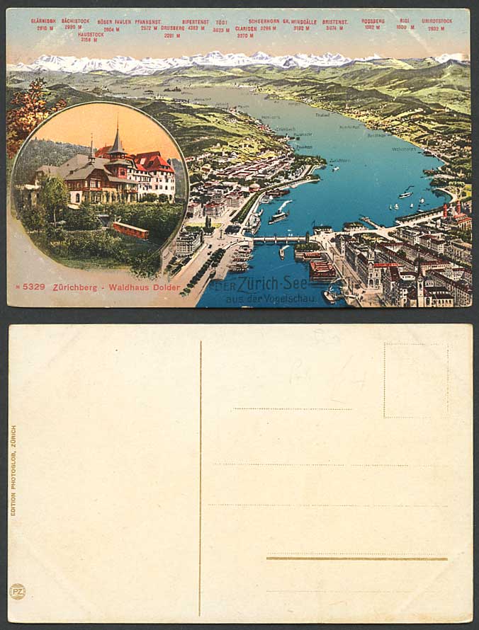 Swiss MAP Zuerichberg, Waldhaus Dolder Zuerich See Lake, Vogelschau Old Postcard