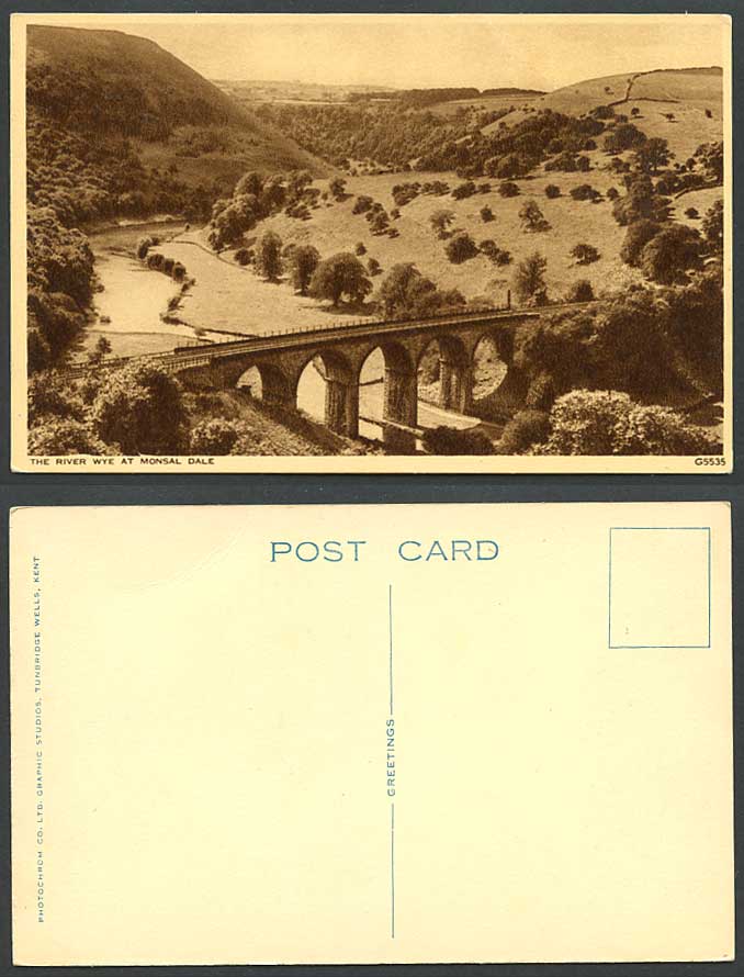 The River Wye at MONSAL DALE Derbyshire Railway Bridge Valley Hills Old Postcard