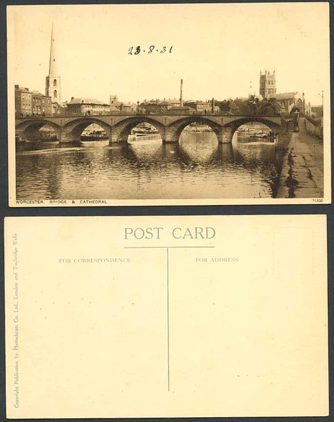 Worcester Bridge & Cathedral River Scene Church Worcestershire 1931 Old Postcard