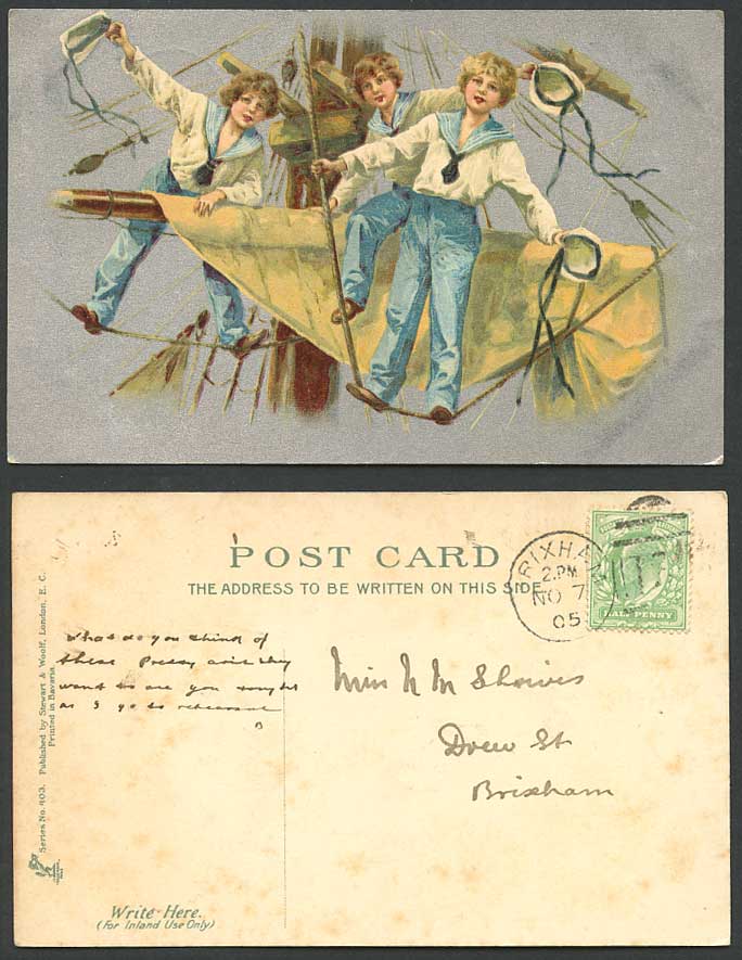 3 Sailor Boys Sailors on Ship Boat Sail Children 1905 Old Artist Drawn Postcard