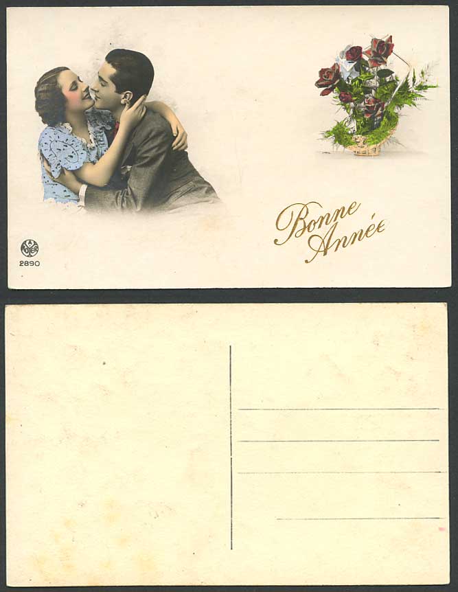 Romance Glamour Lady Woman Kissing a Man Bonne Annee Happy New Year Old Postcard