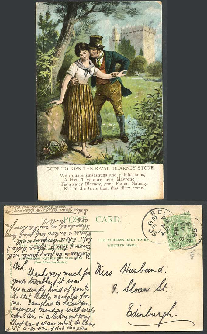 Ireland 1905 Old Colour Postcard Going Goin' to Kiss The Ra'al BLARNEY STONE