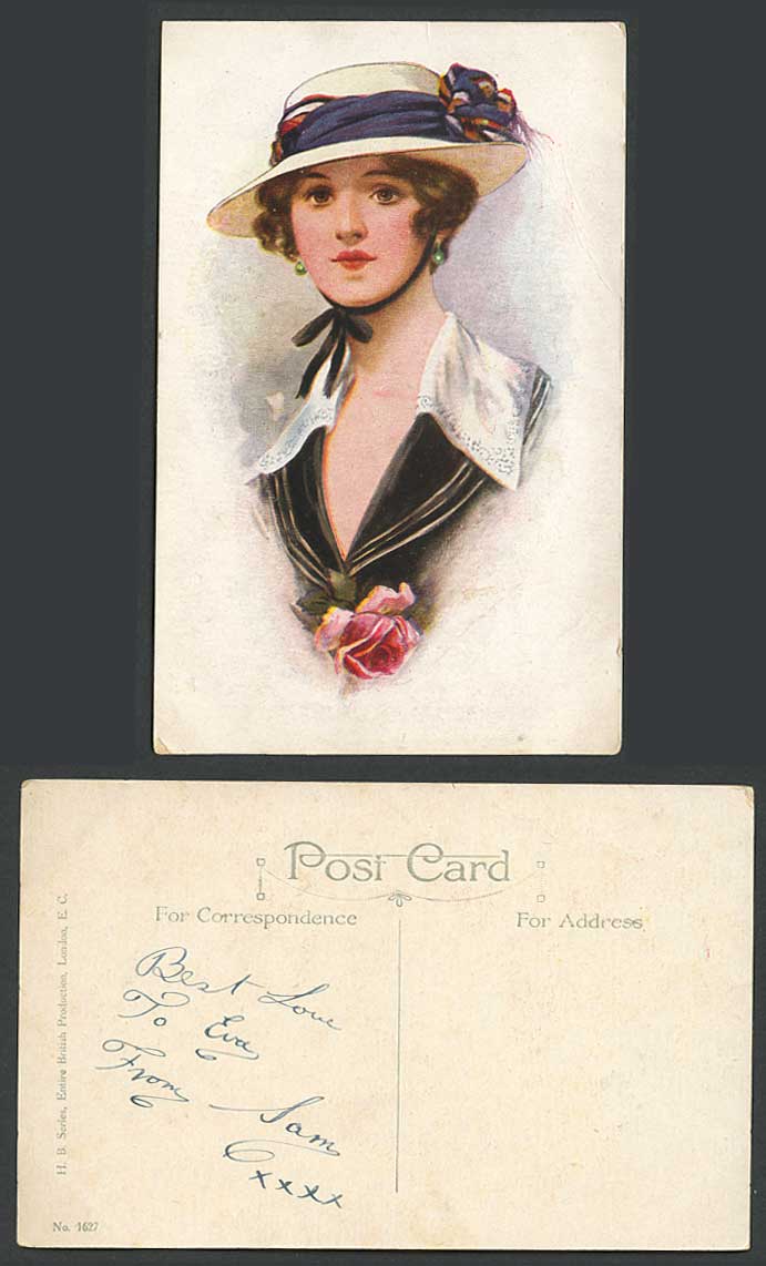 Glamour Lady Woman wearing Hat Rose Flower Earring Art Artist Drawn Old Postcard