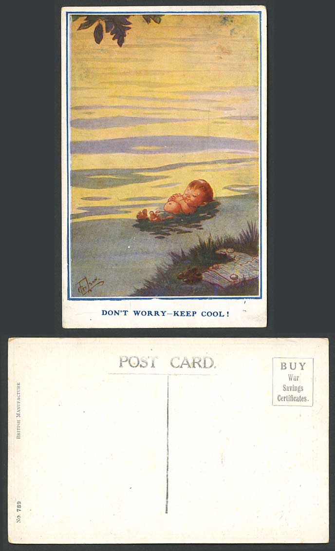 T. Gilson Comic Old Postcard Little Boy Floating on Water Don't Worry Keep Cool!