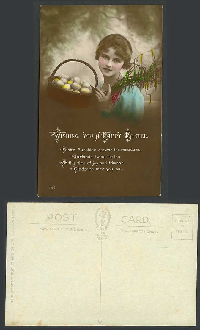 Glamour Lady Woman Eggs Basket Wishing You a HAPPY EASTER Greetings Old Postcard