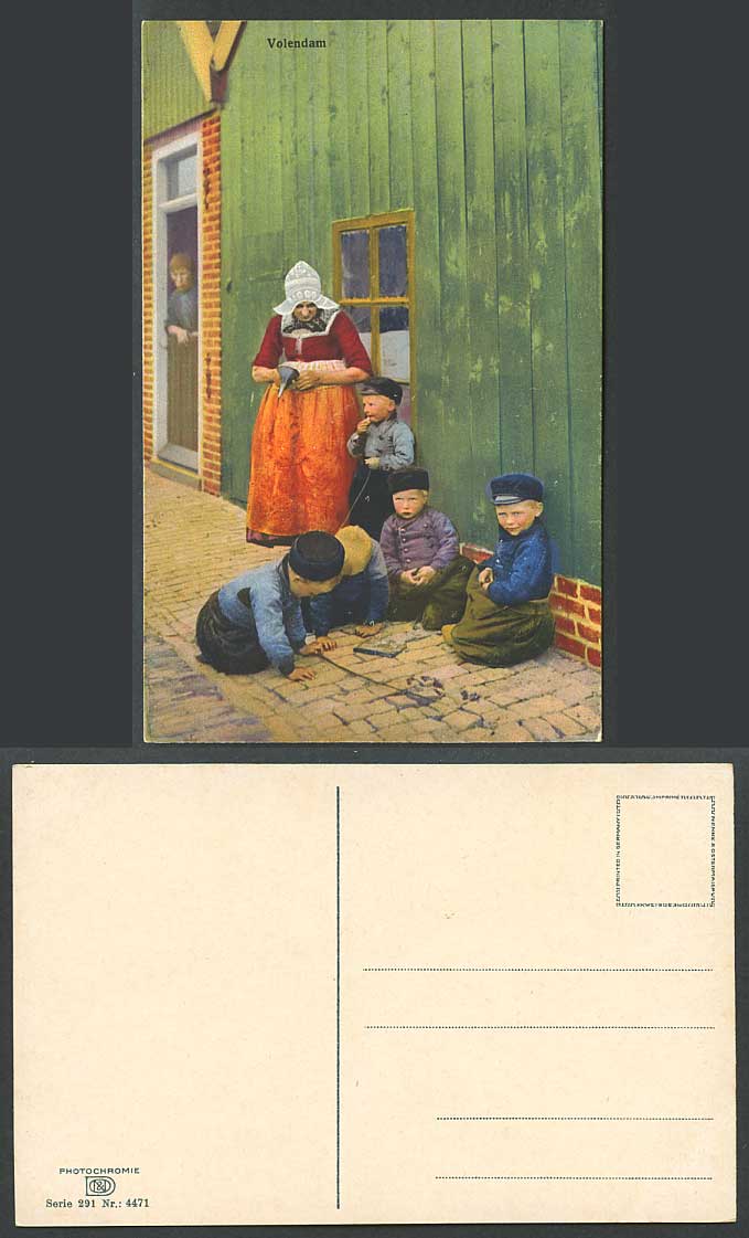 Netherlands VOLENDAM Old Color Postcard Dutch Children Little Boys at Play Woman