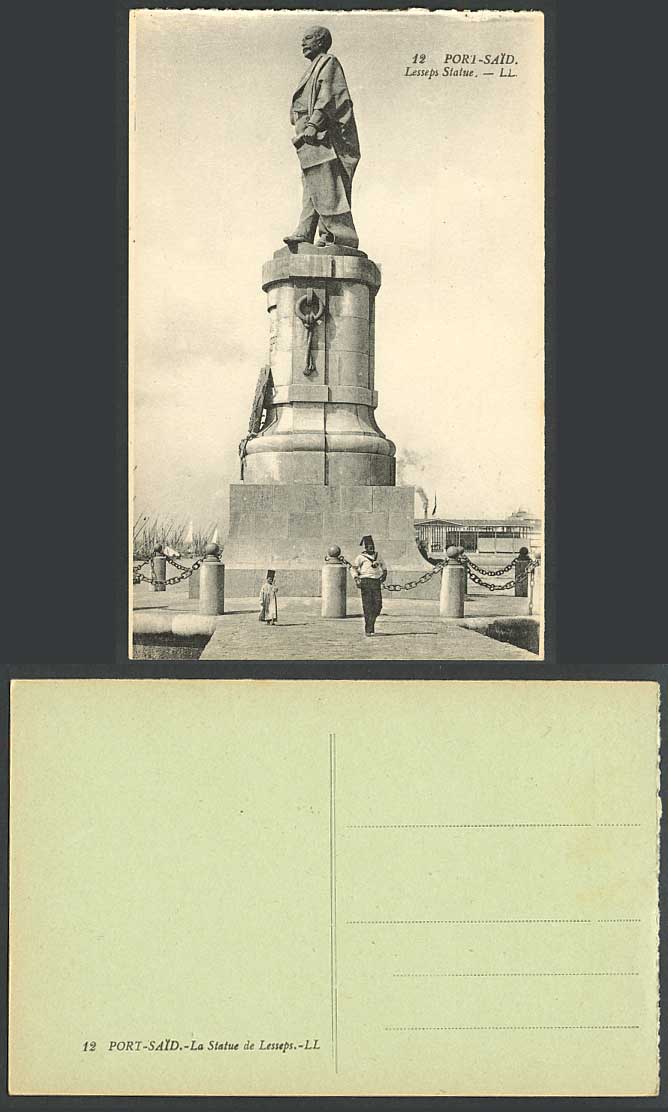 Egypt Old Postcard Port Said Ferdinand de Lesseps Statue Monument Seaman & Child