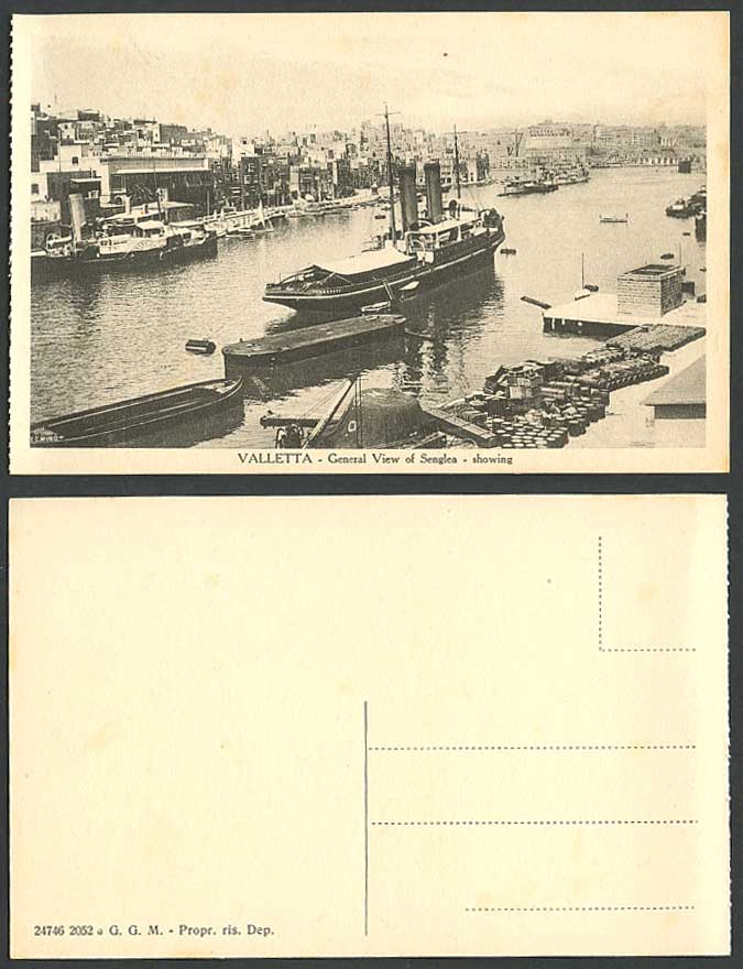 Malta Old Postcard Valletta General View of Senglea showing Paddle Steamer Ships