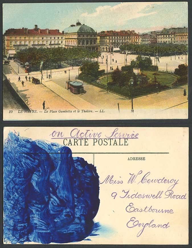 LE HAVRE O.A.S. Old Postcard La Place Gambetta et le Theatre Street Scene L.L.10