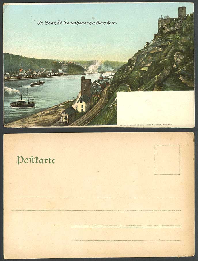 Germany St. Goar St. Goarshausen u. Burg Katz Boats Ships Railroad Old Postcard