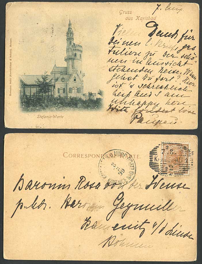 Czechoslovakia Gruss aus KARLSBAD 2k 1899 Old U.B. Postcard Stefanie-Warte Tower