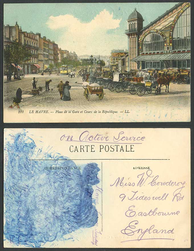LE HAVRE OAS Old Postcard Place de la Gare Railway Station Cours Republique TRAM