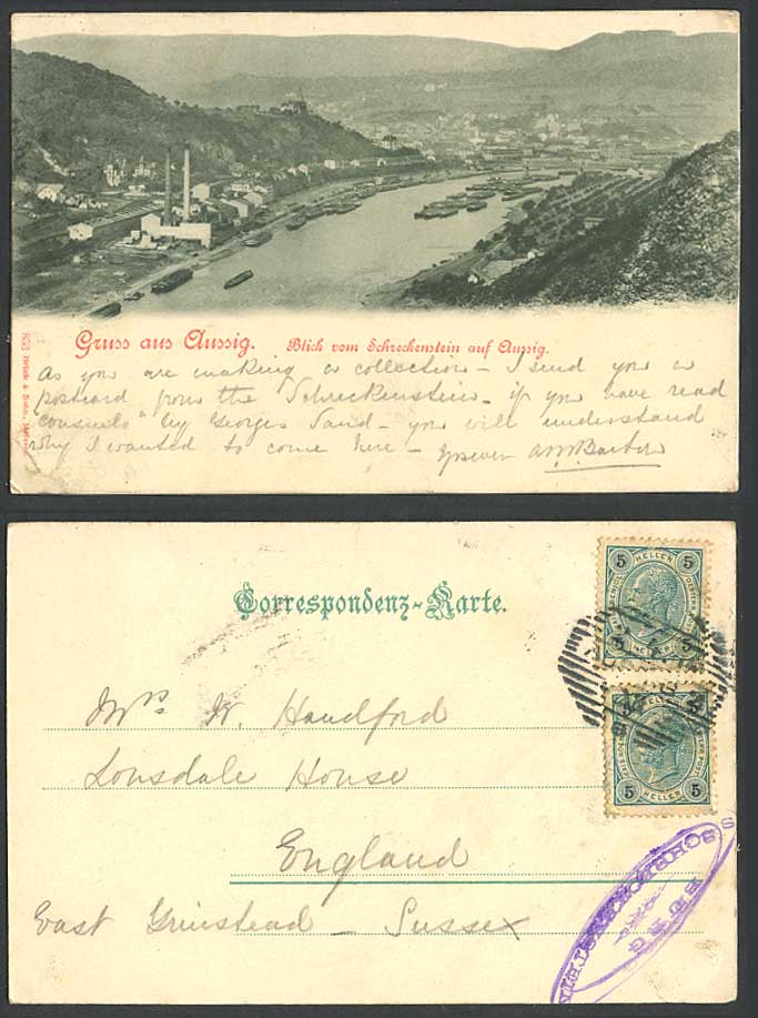 Gruss aus Aussig Czech 1914 Old UB Postcard Bridge Schreckenstein Usti nad Labem