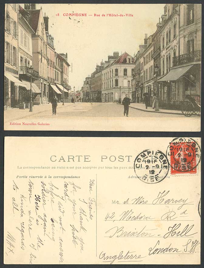 France 1912 Old Hand Tinted Postcard Compiegne - Rue de l'Hotel de Ville Street