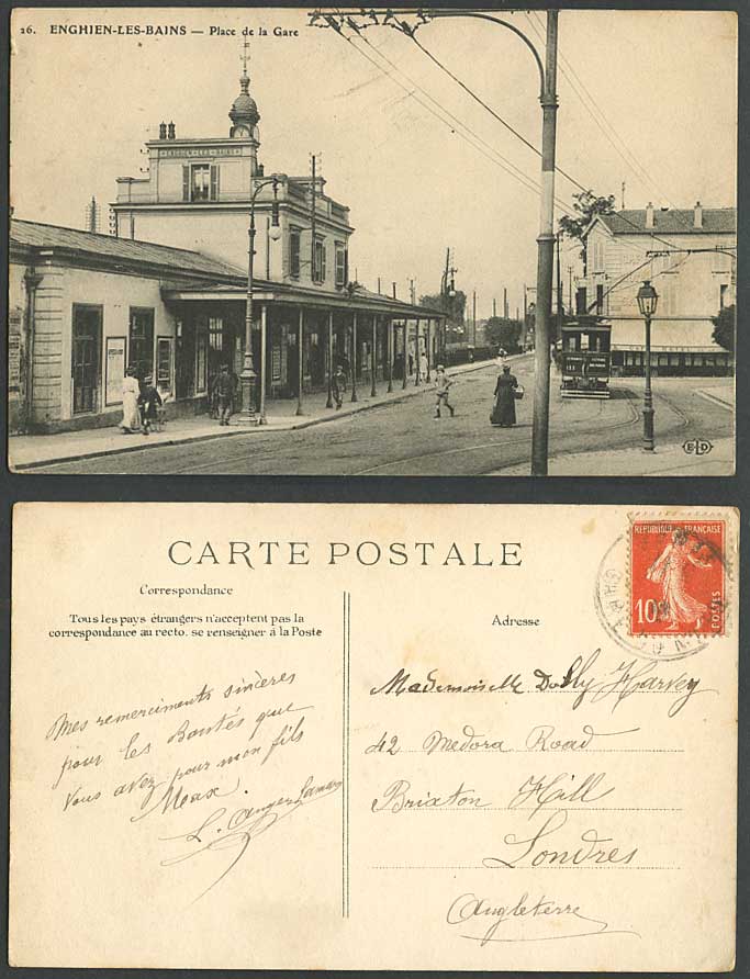 France 1909 Old Postcard ENGHIEN-LES-BAINS Place de la Gare Railway Station TRAM