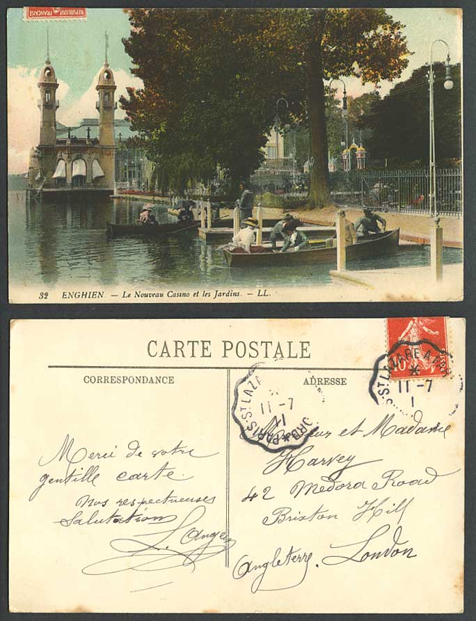ENGHIEN 1911 Old Postcard Le Nouveau Casino et les Jardins Gardens Boats L.L. 32