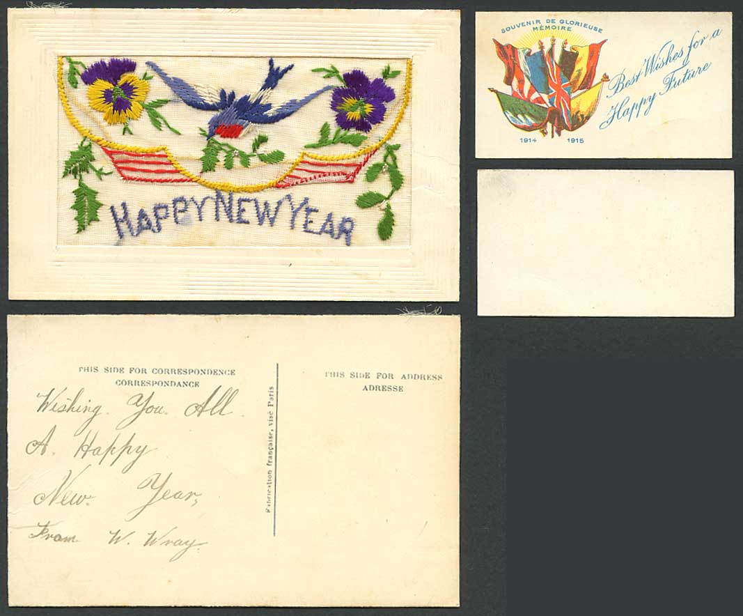 WW1 SILK Embroidered Old Postcard Swallow Bird Happy New Year, Flags Best Wishes