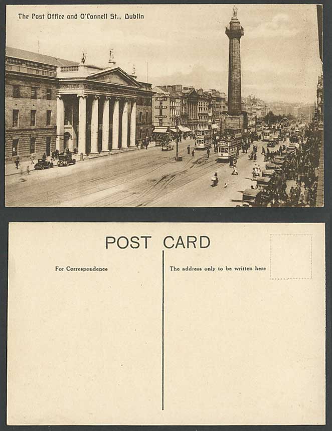 Ireland Co. Dublin Old Postcard Post Office O'Connell Street Sceme TRAM Monument