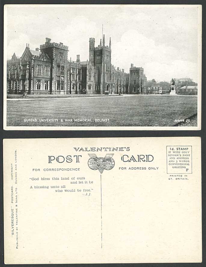 Northern Ireland Belfast Old Postcard Queen's University and War Memorial Antrim