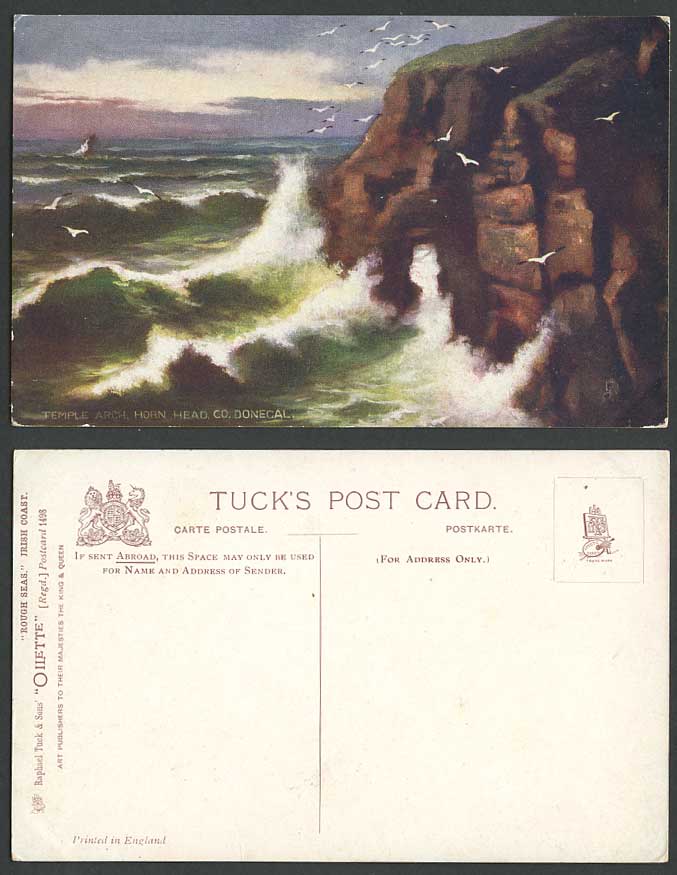 Ireland Old Tuck's Postcard DONEGAL Temple Arch Horn Head Rough Seas Irish Coast